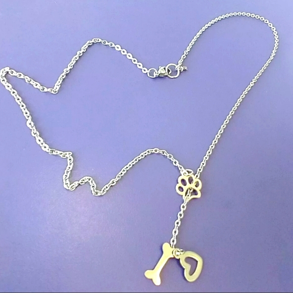 Paw Print Pet Love Dangle Drop Dog Bone Charm Heart Pendant SS Silver Necklace - Picture 1 of 3